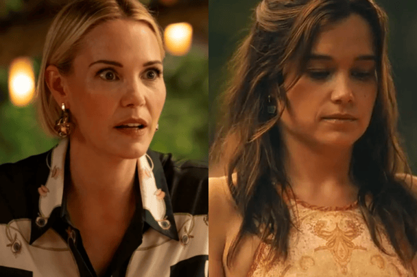Leslie Bibb wears an Alemais shirt, and Sarah Catherine Hook is styled in a Zimmermann dress.