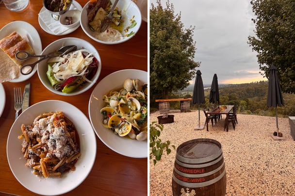 Meals at Fiorini's Osteria at Orange, NSW, and the view from Macquarielands Organic Wines. Image: Supplied.