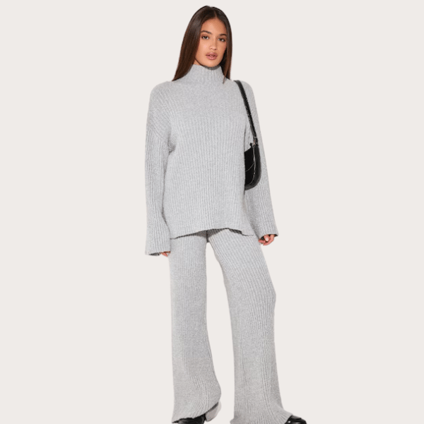 woman wearing knit jumper and pants in grey from Pretty Little Thing