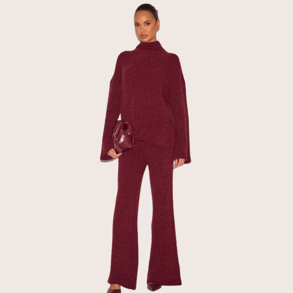 woman wearing burgundy set from Pretty Little Thing