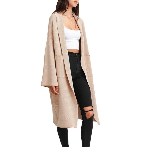 woman wearing beige coatigan from Belle & Bloom