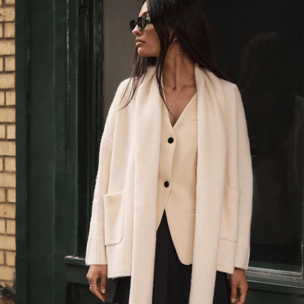 woman wearing soft knitted chalk white cardigan from Next