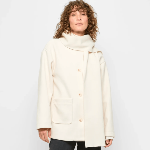 woman wearing coat and scarf set from Target