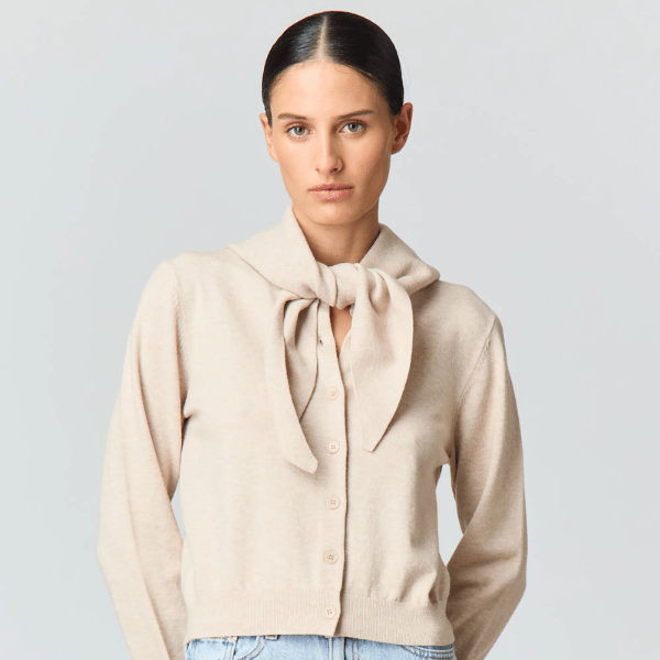 woman wearing cardigan with scarf tie from Glassons
