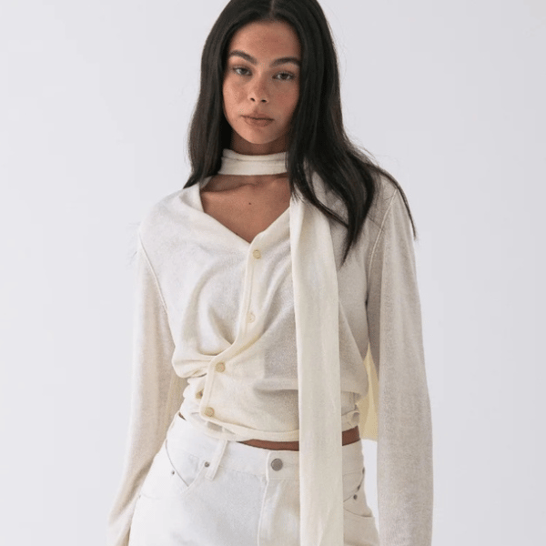 woman wearing lightweight cardigan attached scarf from Style Addict