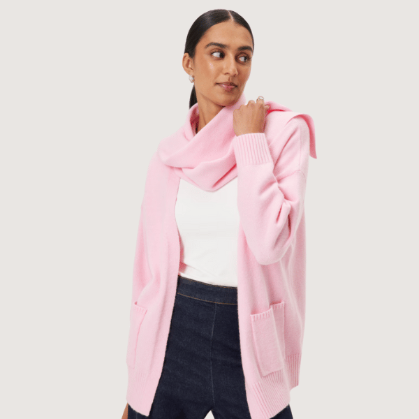 woman wearing pink  slightly oversized fit cardigan from portmans