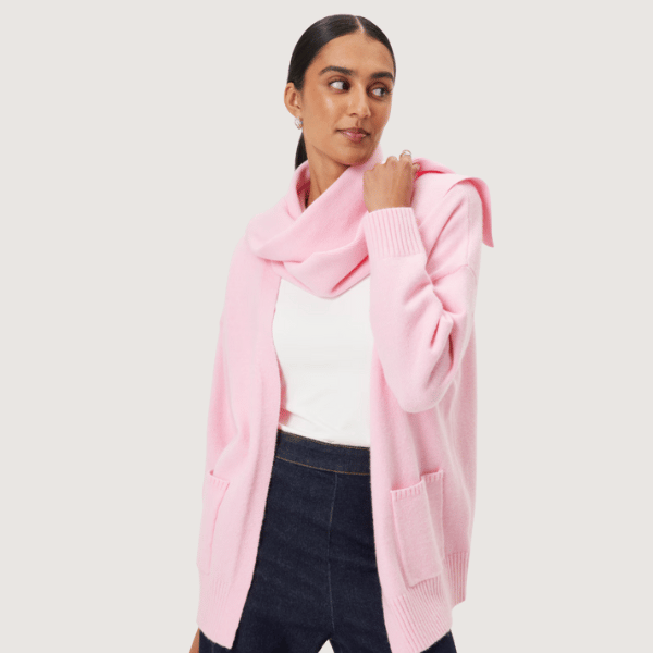 woman wearing pink slightly oversized fit cardigan from portmans