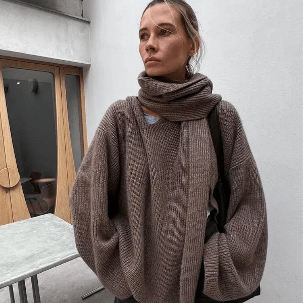 woman wearing brown knit cardigan from ghgate