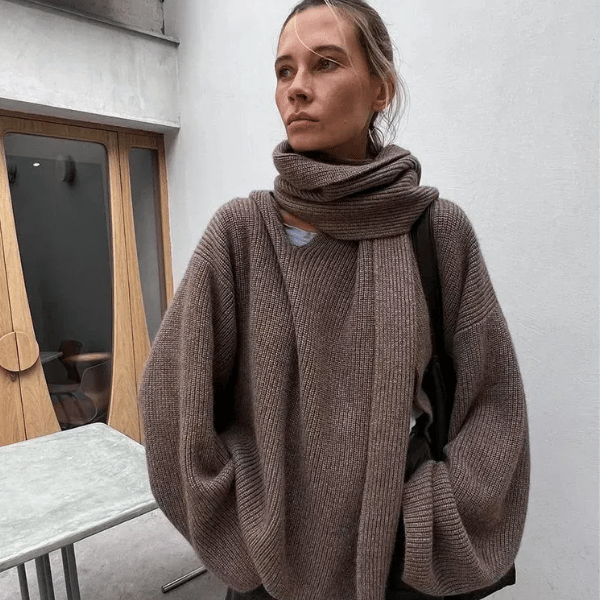 woman wearing brown knit cardigan from ghgate