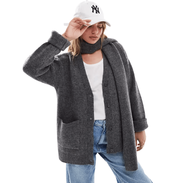 woman wearing knit cardigan with attached scarf from Pretty Lavish