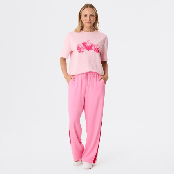 stretch fit pants in pink with red stripes from &me