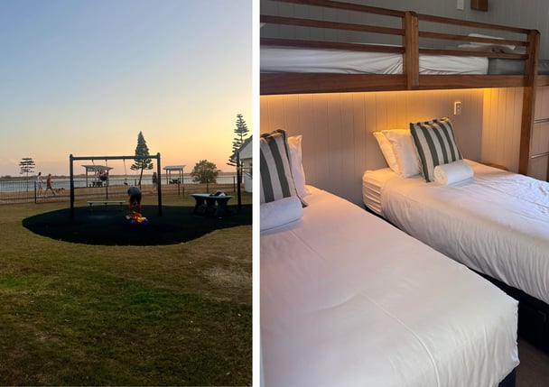 Playground at sunset at Reflections Shaws Bay, and a bunk with two single beds inside a cabin.