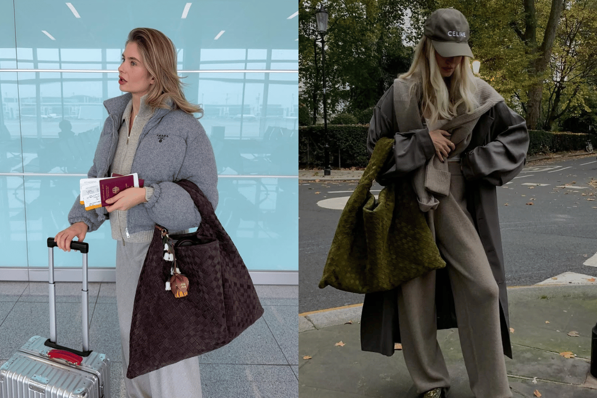 Influencers pose for streety style photos carrying the Bottega Veneta Hop Large bag.