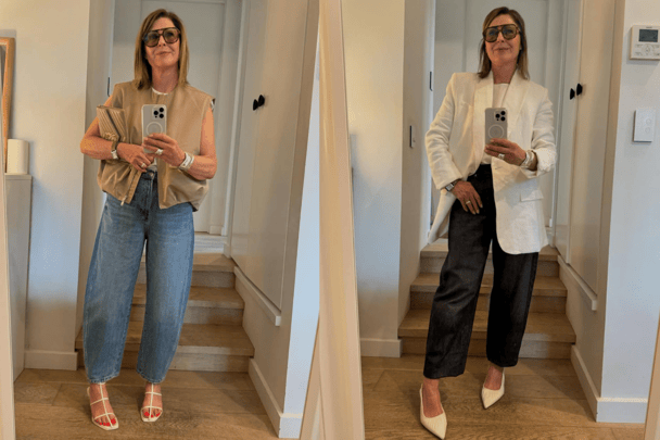 Personal shopper Fifi Milne wears barrel jeans two ways.