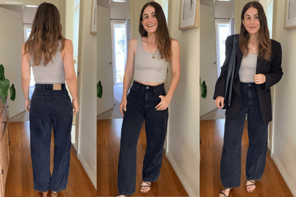 A fashion editor styles Cotton On Barrel jeans in black.