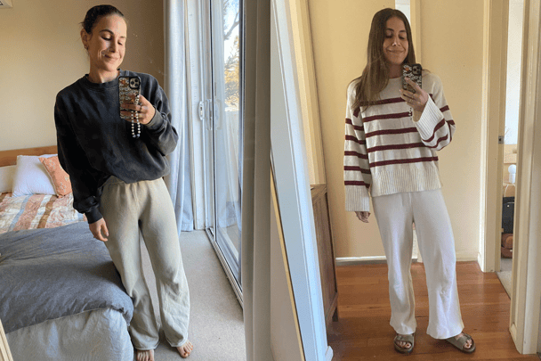 Writer wears comfortable lounge pants.