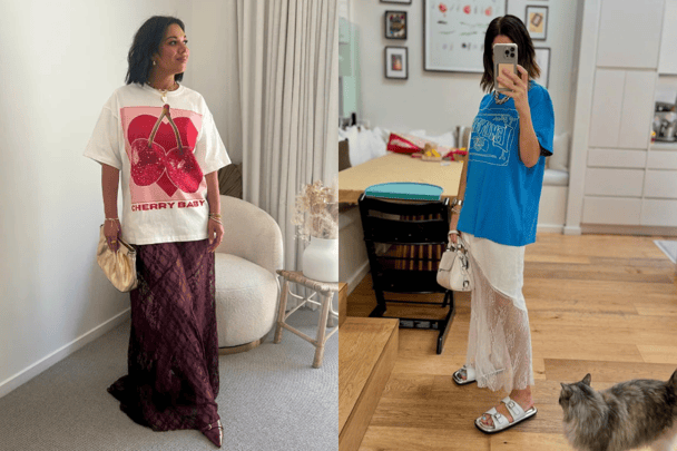 Emelia Morris and Leigh Campbell wear graphic t-shirts with lace maxi skirts.