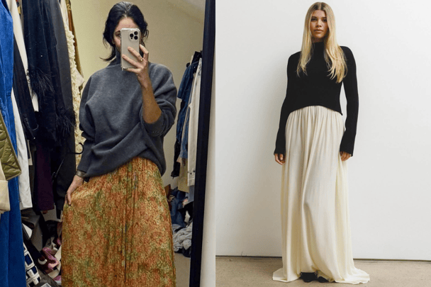 Sofia Richie Grainge in a knit sweater and long maxi.