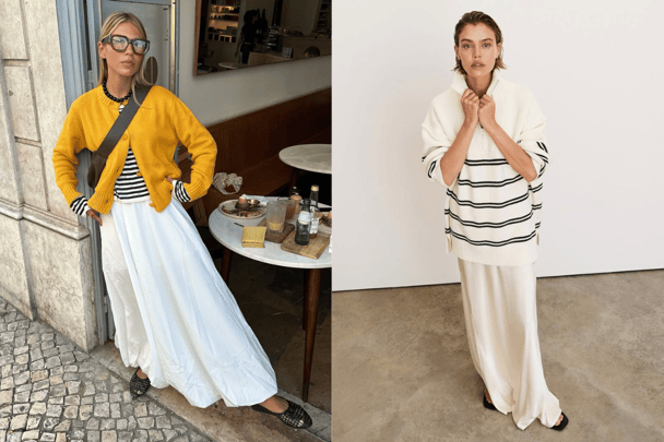 Influencer Rita Montezuma wears a cardigan and full skirt; an outfit from Dissh.