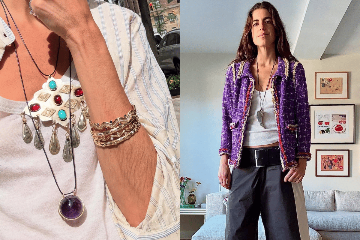 Leandra Medine Cohen wears statement pendants.