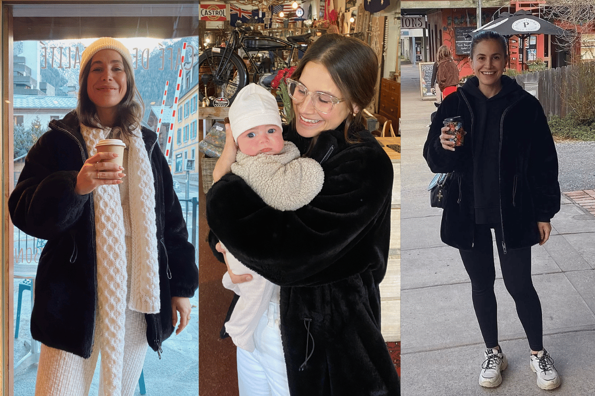 Author wears a Zara black faux fur coat several ways.
