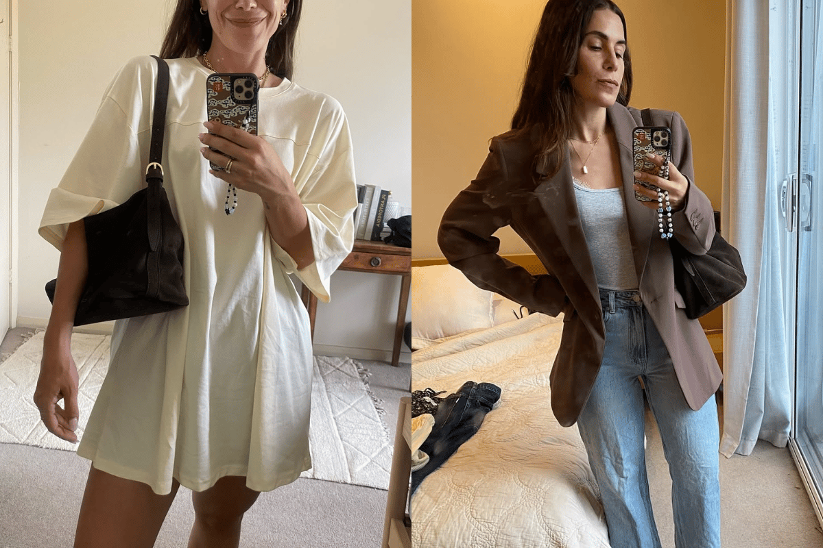 Carrying the Eden Dark Chocolate Suede Shoulder Bag, and wearing a blazer from Target's Preview collection