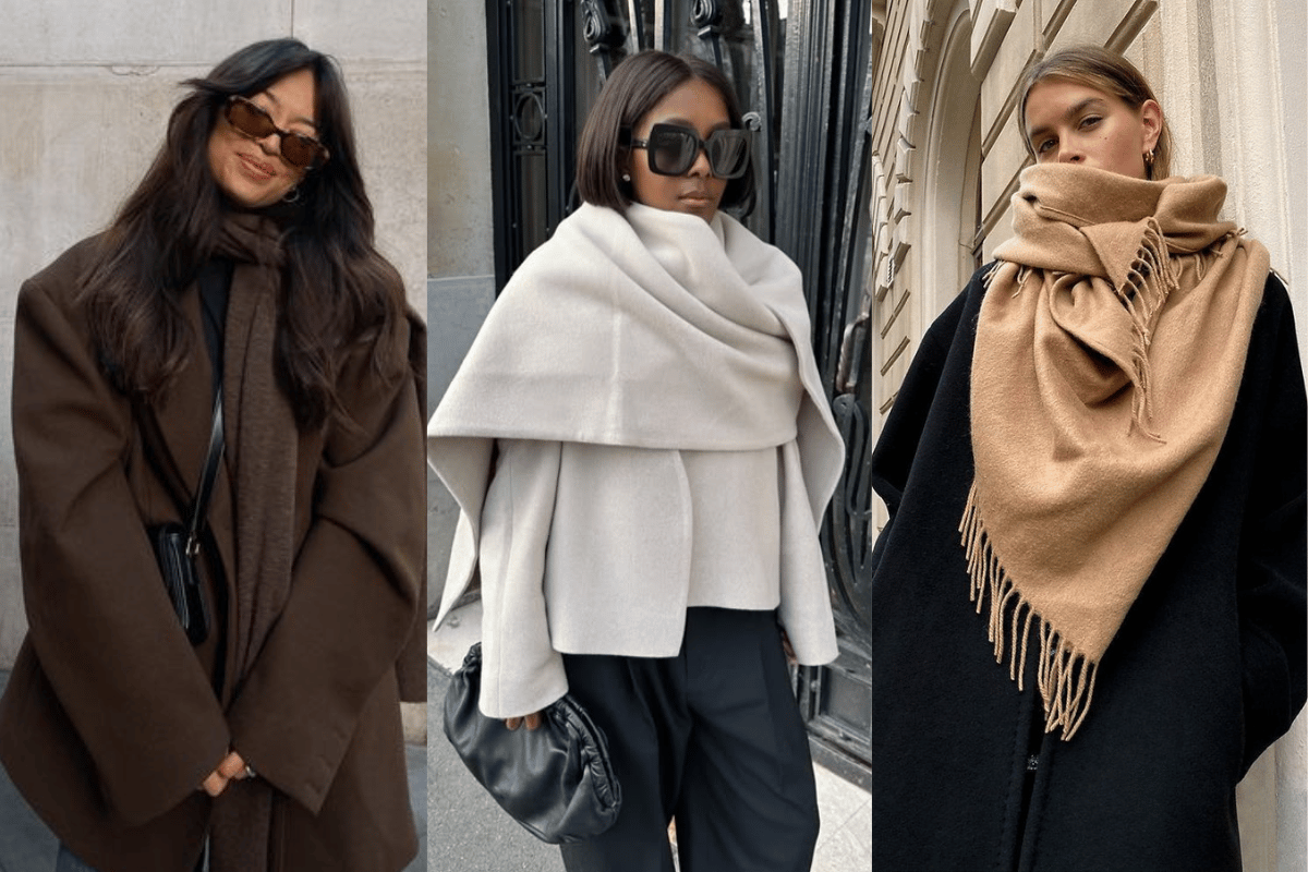 Pinterest images show how to style a chunky neutral scarf or shawl for winter.