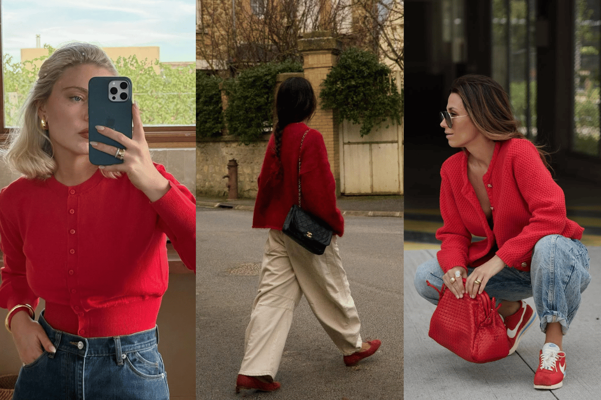 Influencers wear red cardigans.