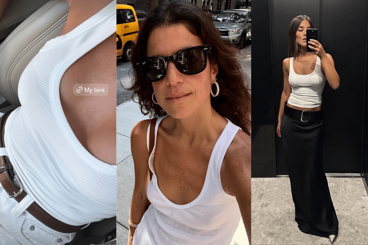 Rozazlia Russian, Leandra Medine Cohen, and Effie Katsaounis wear white singlets