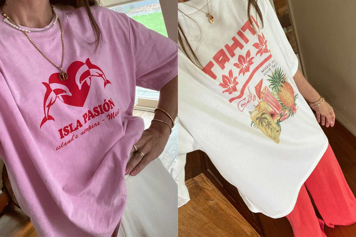 Author styles graphic tees with loose knit pants.