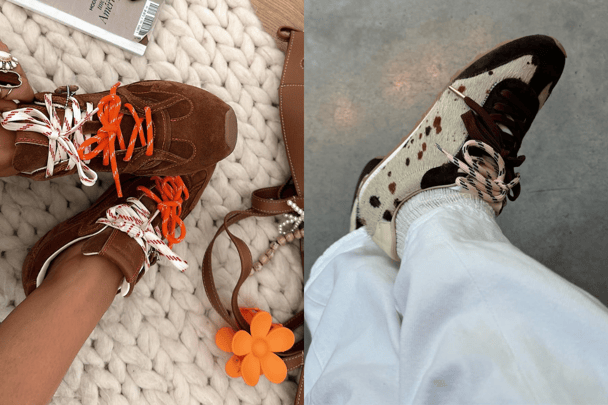 Suede and cowhide sneakers with rope accents.