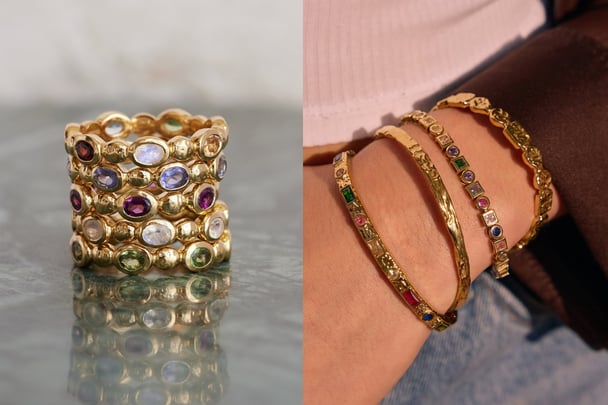 Colourful gold jewellery from Toni May and Arms of Eve. 