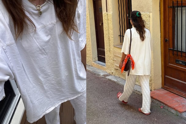 Author wears crochet pants with an oversized t-shirt.