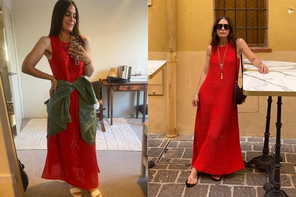 Author wears a red Mister Zimi midi dress.