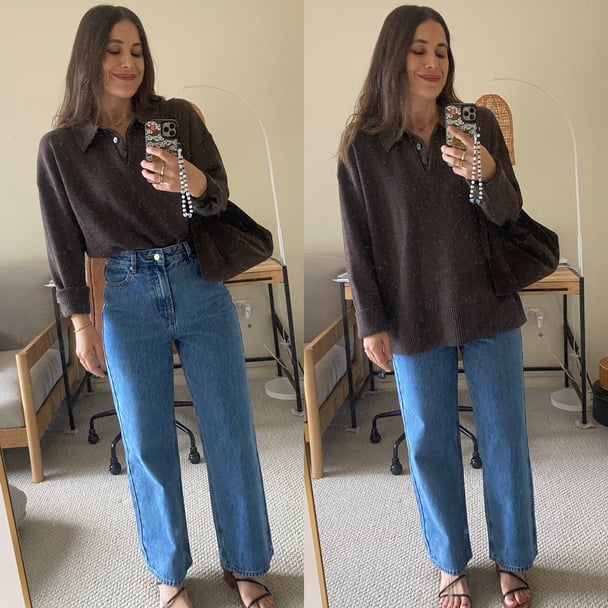 Author wears a collared chocolate brown knit.