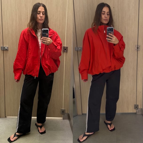 Target red funnel-neck jacket.