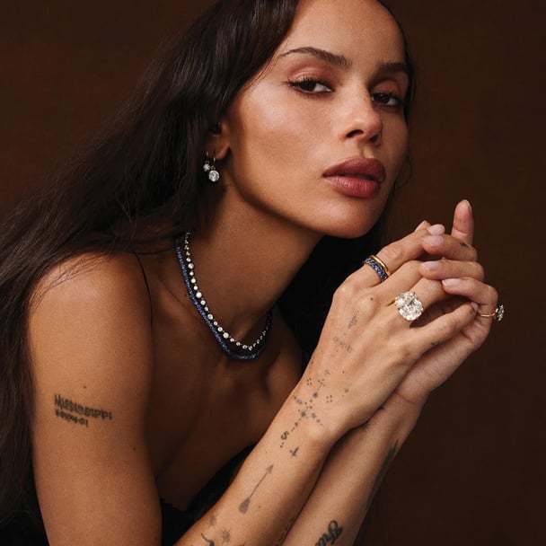 Zoe Kravitz wears bezel-cut diamond jewellery.