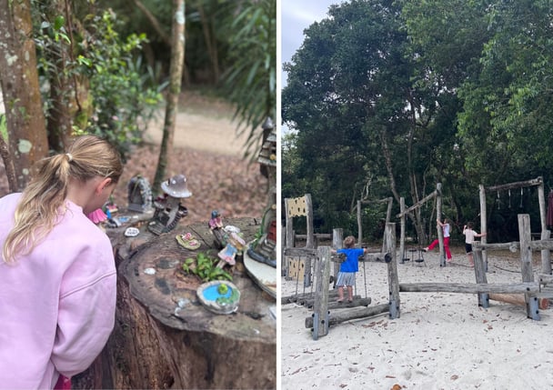 Children play on a playground and look at a fairy trail at Elements of Byron.