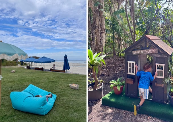 The Beach Lounge at Elements of Byron by the beach, and a child plays in the cubby at Folk in Byron.