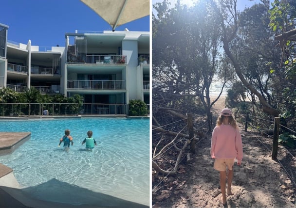 Kids play in the pool, and a girl walks towards the beach.
