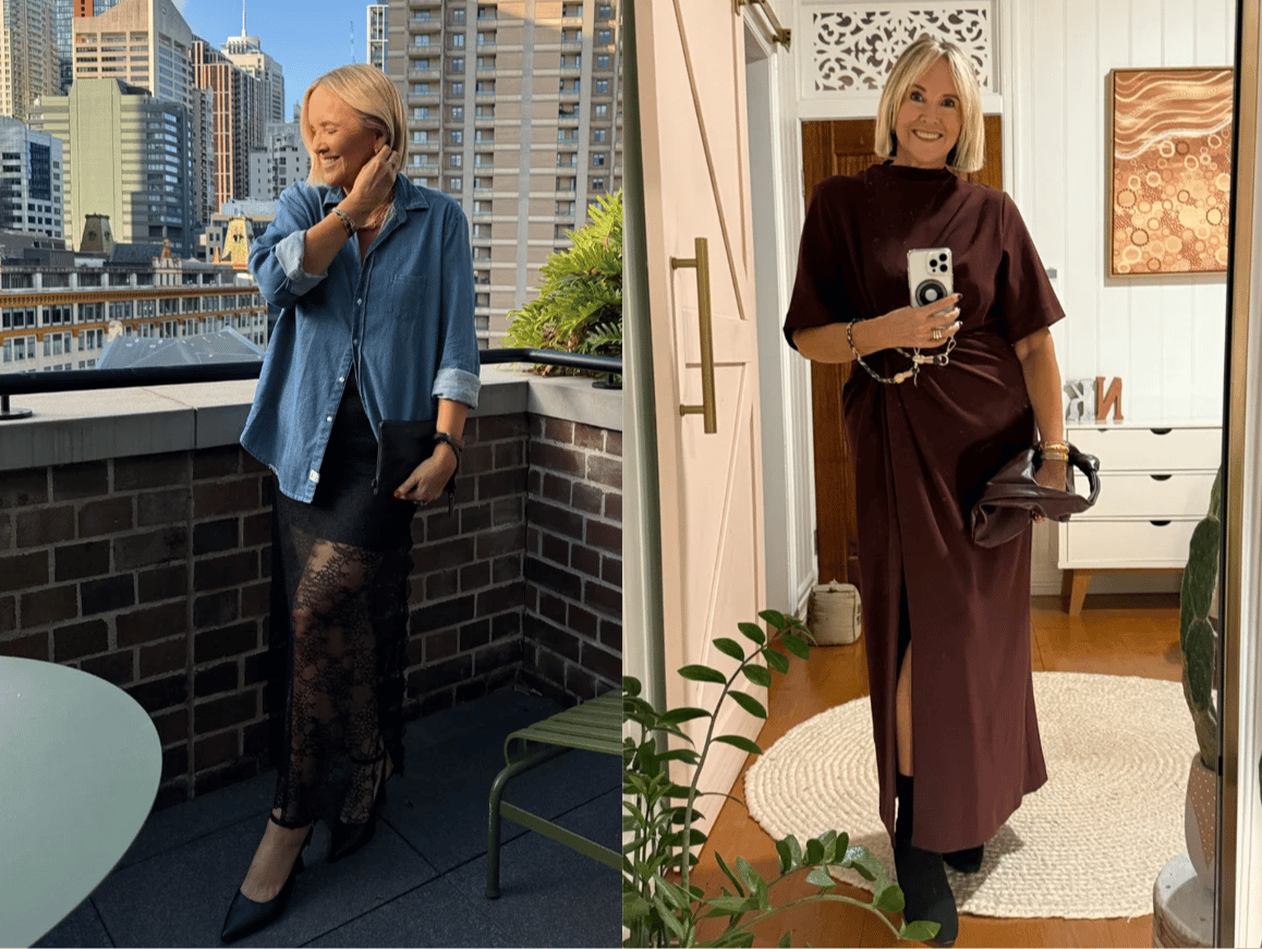 Content creator and writer Nikki Parkinson wears demin/lace and draped dress