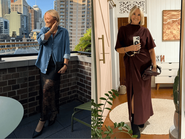 Content creator and writer Nikki Parkinson wears demin/lace and draped dress