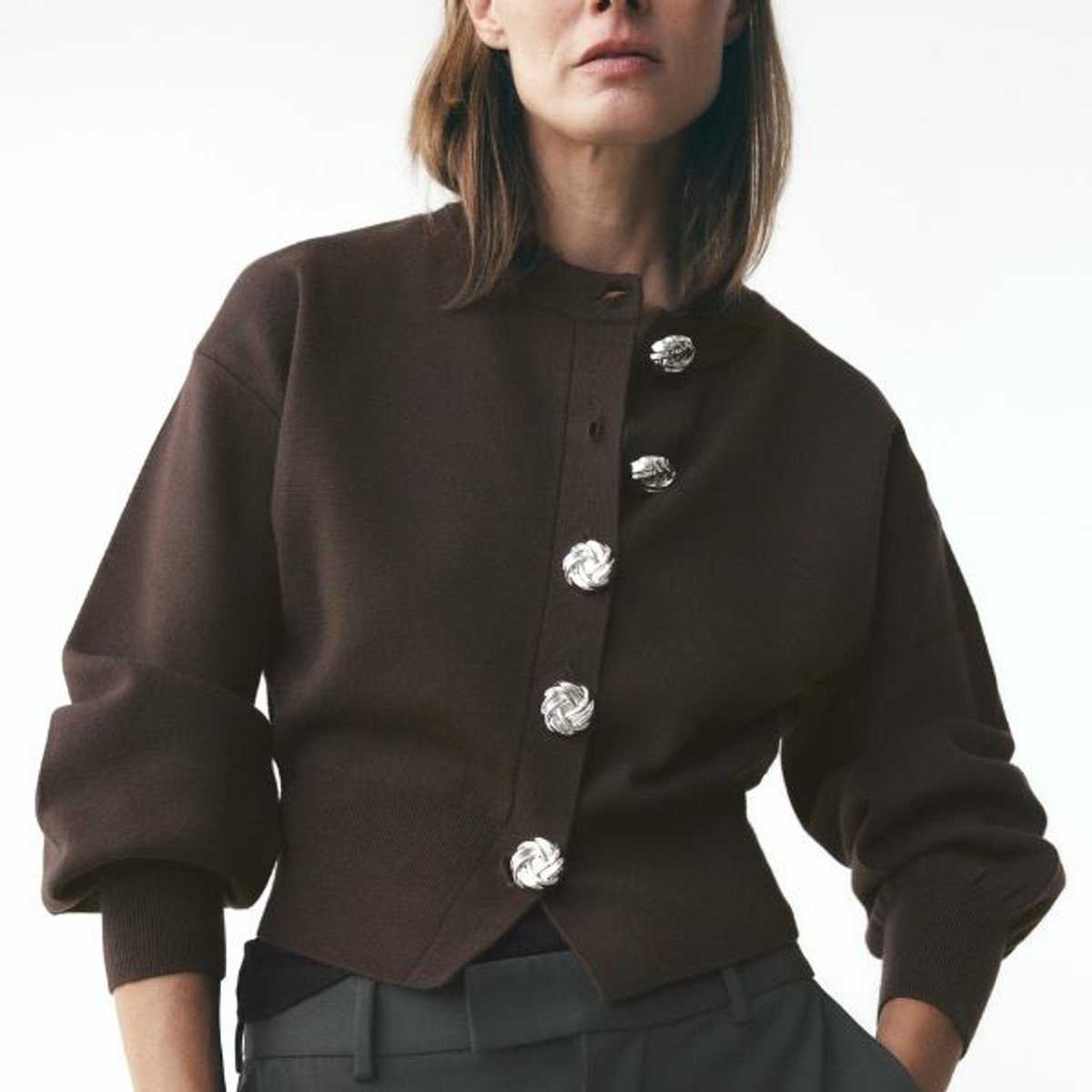 cardigan with silver hardware buttons