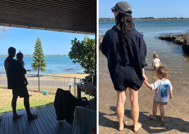 Laura Aubusson and her family stand on the deck of a cabin at Shaws Bay, and in the water.