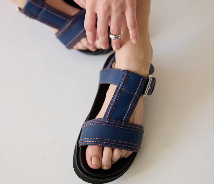 Visby T-Bar Sandal | Ink with Mandarin Topstitch