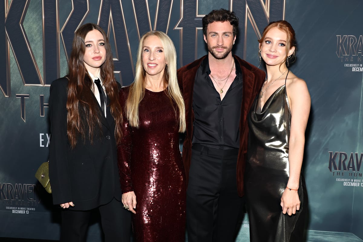 Sam Taylor Johnson and Aarong Taylor Johnson with their children at the Kraven The Hunter premiere.