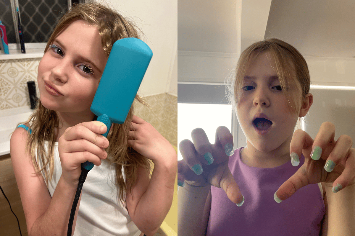 Ajda crimping her hair and showing off stick on nails.