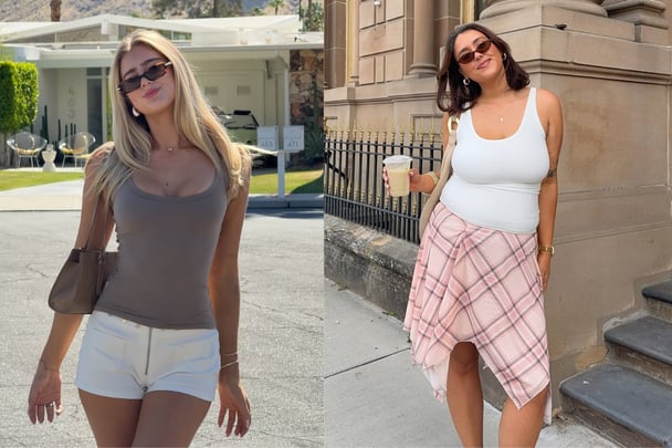 Split image. On the left, Sophia wears brown tank, on the right, Jada wears white tank.