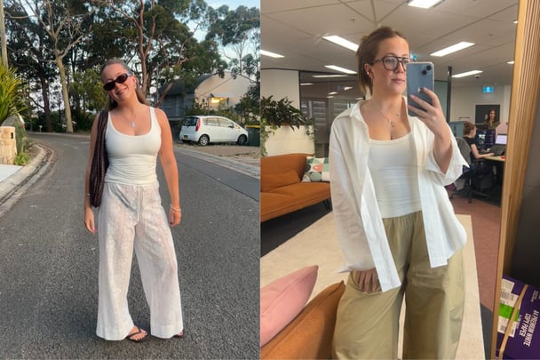 Split image. On the left, Lucy wears the tank with white lace pants, on the right she wears in the office with a white overshirt.