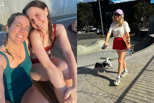women at pool and walking dog.